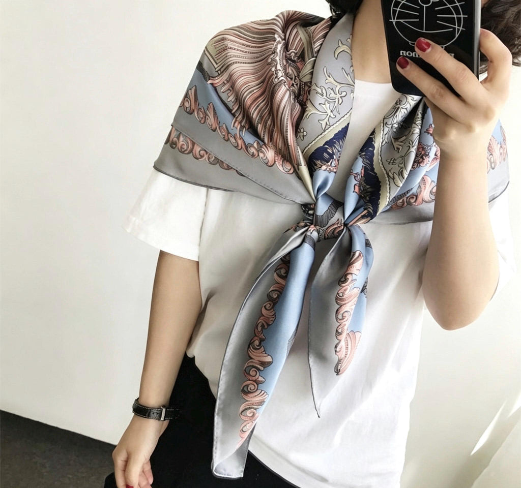 100% Mulberry Silk Scarf 43"x43" 110x110CM, Vintage Equestrian Knight Silk Shawl, Luxury Haze Blue Silk Satin Square, Gift for Her