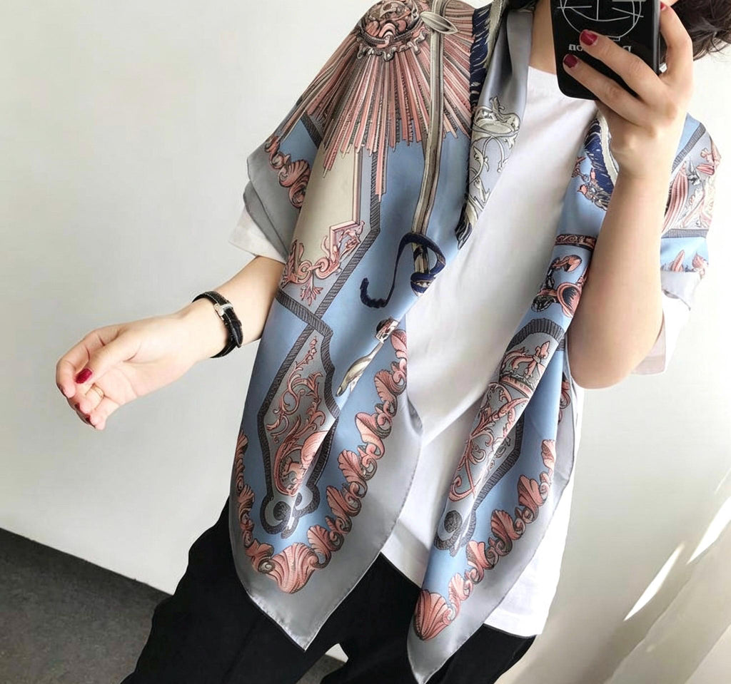 100% Mulberry Silk Scarf 43"x43" 110x110CM, Vintage Equestrian Knight Silk Shawl, Luxury Haze Blue Silk Satin Square, Gift for Her