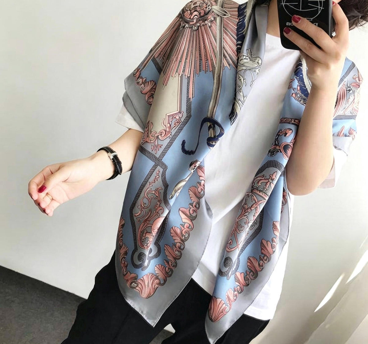 100% Mulberry Silk Scarf 43"x43" 110x110CM, Vintage Equestrian Knight Silk Shawl, Luxury Haze Blue Silk Satin Square, Gift for Her