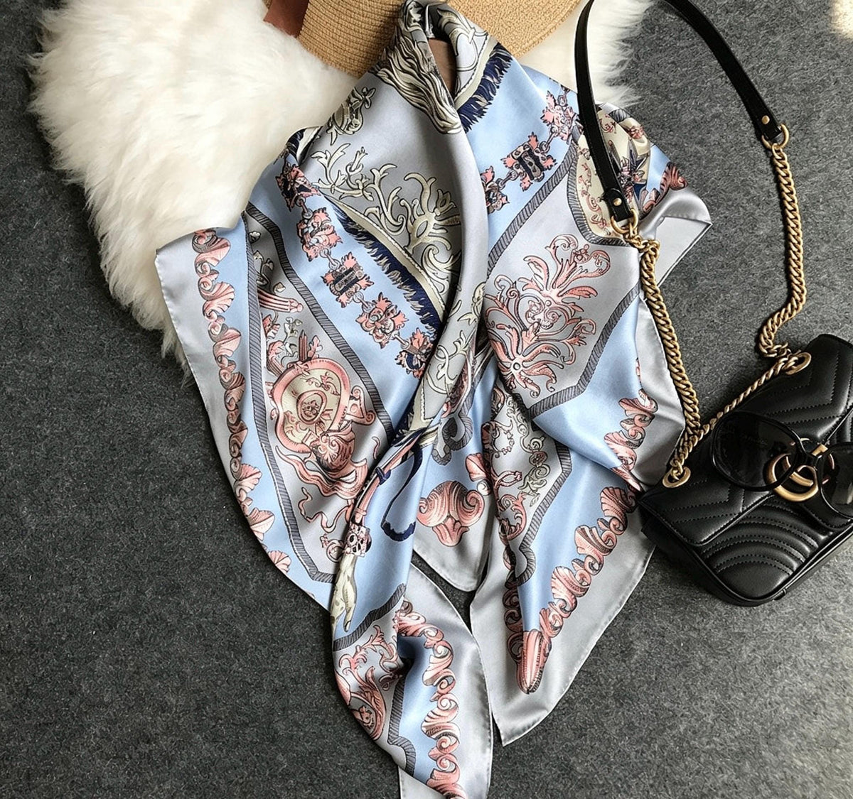 100% Mulberry Silk Scarf 43"x43" 110x110CM, Vintage Equestrian Knight Silk Shawl, Luxury Haze Blue Silk Satin Square, Gift for Her