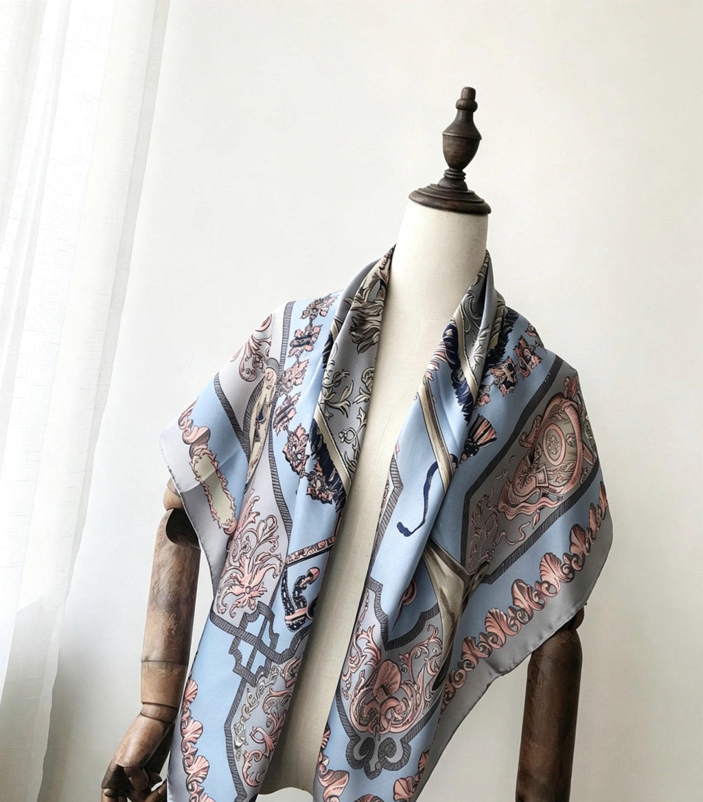 100% Mulberry Silk Scarf 43"x43" 110x110CM, Vintage Equestrian Knight Silk Shawl, Luxury Haze Blue Silk Satin Square, Gift for Her