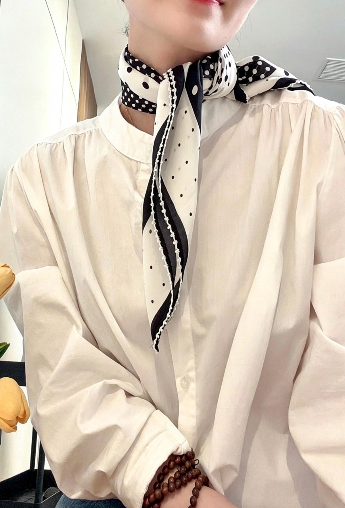 100% Silk Wool Scarf 26"x26" 65x65cm, Black White Polka Dot Silk Square Scarf, Minimalist Neck Head Scarf, French Elegance Bandana Gift