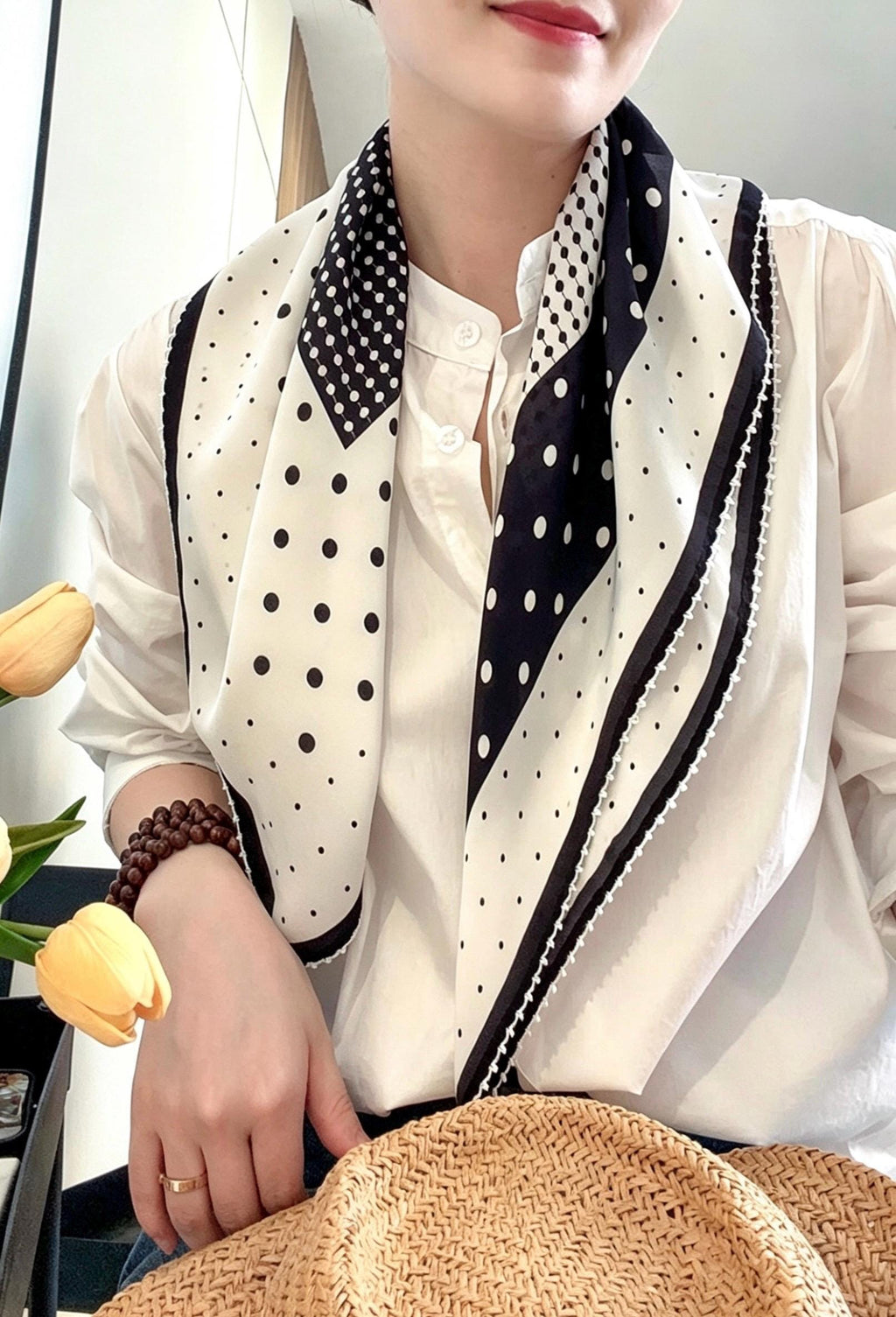 100% Silk Wool Scarf 26"x26" 65x65cm, Black White Polka Dot Silk Square Scarf, Minimalist Neck Head Scarf, French Elegance Bandana Gift