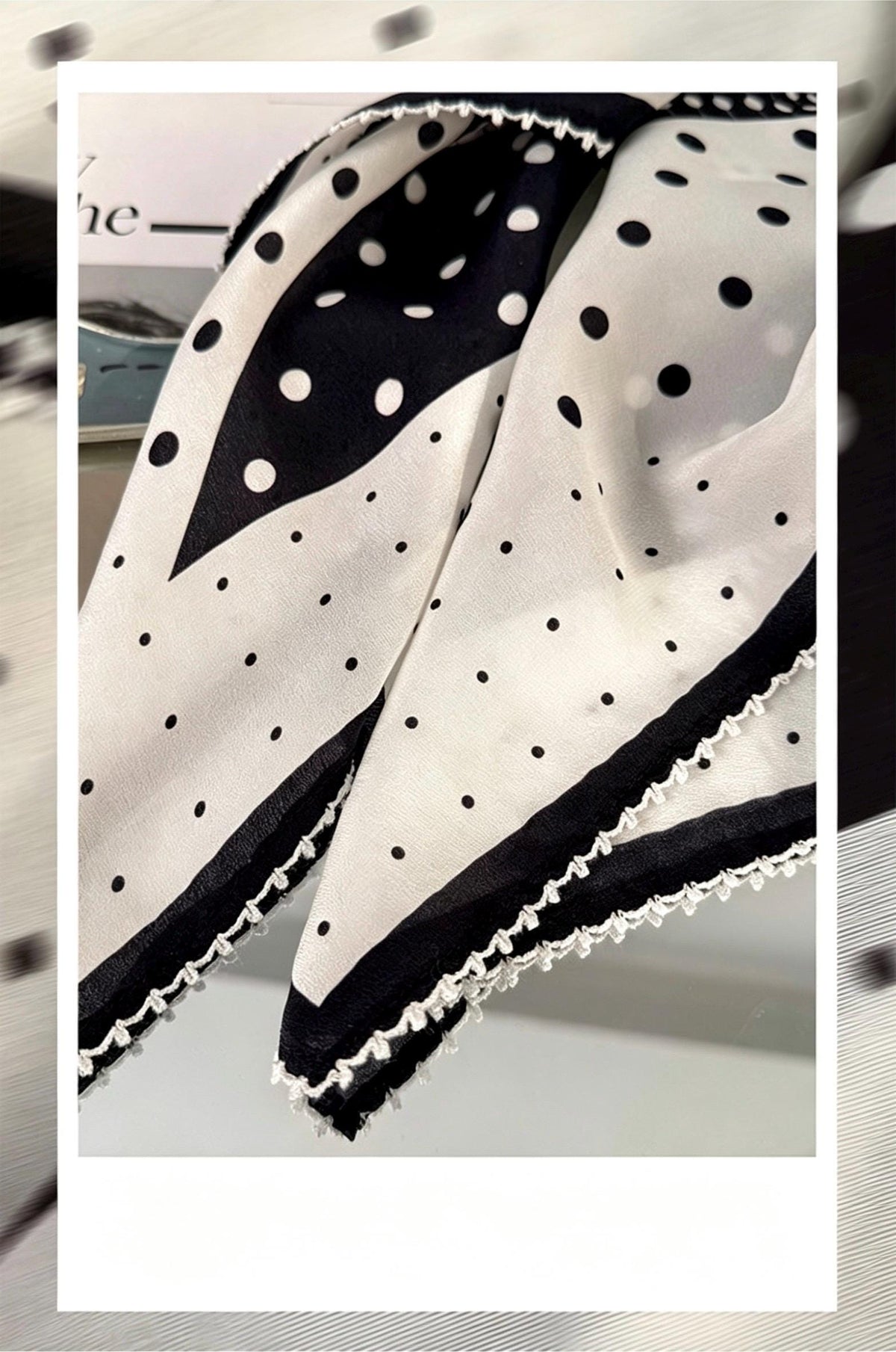 100% Silk Wool Scarf 26"x26" 65x65cm, Black White Polka Dot Silk Square Scarf, Minimalist Neck Head Scarf, French Elegance Bandana Gift
