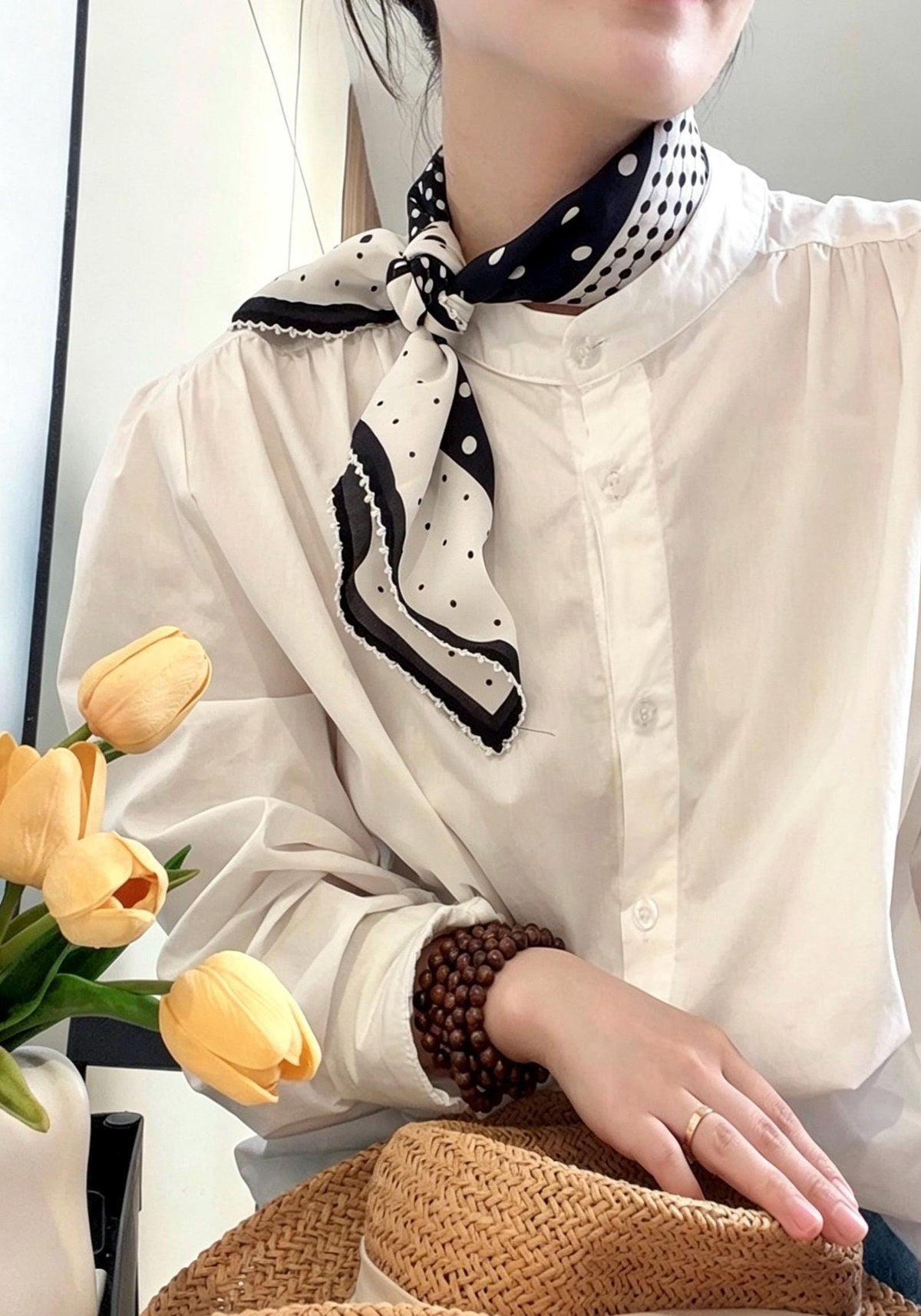 100% Silk Wool Scarf 26"x26" 65x65cm, Black White Polka Dot Silk Square Scarf, Minimalist Neck Head Scarf, French Elegance Bandana Gift