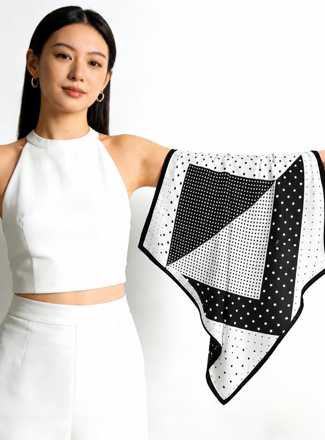 100% Silk Wool Scarf 26"x26" 65x65cm, Black White Polka Dot Silk Square Scarf, Minimalist Neck Head Scarf, French Elegance Bandana Gift