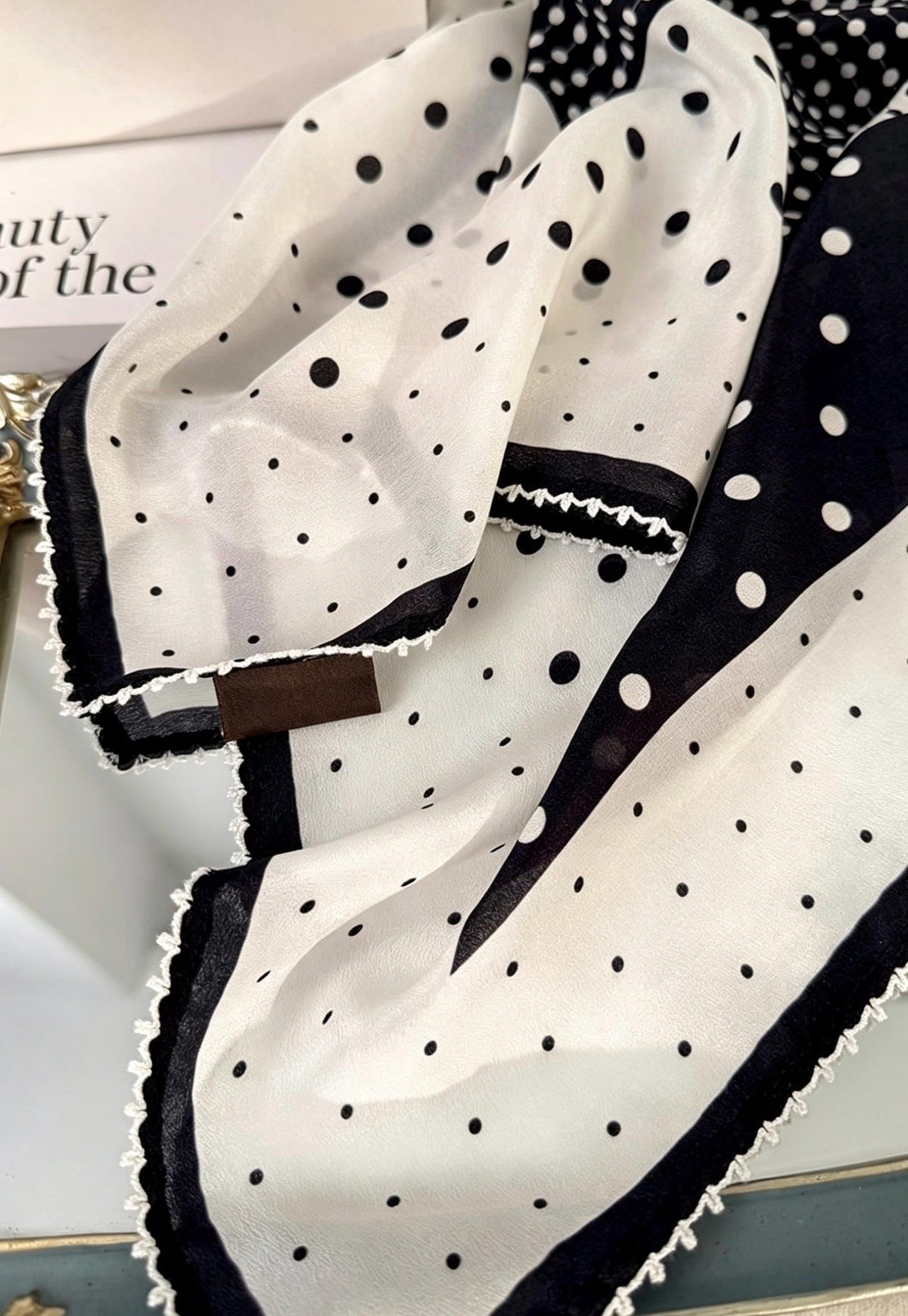 100% Silk Wool Scarf 26"x26" 65x65cm, Black White Polka Dot Silk Square Scarf, Minimalist Neck Head Scarf, French Elegance Bandana Gift