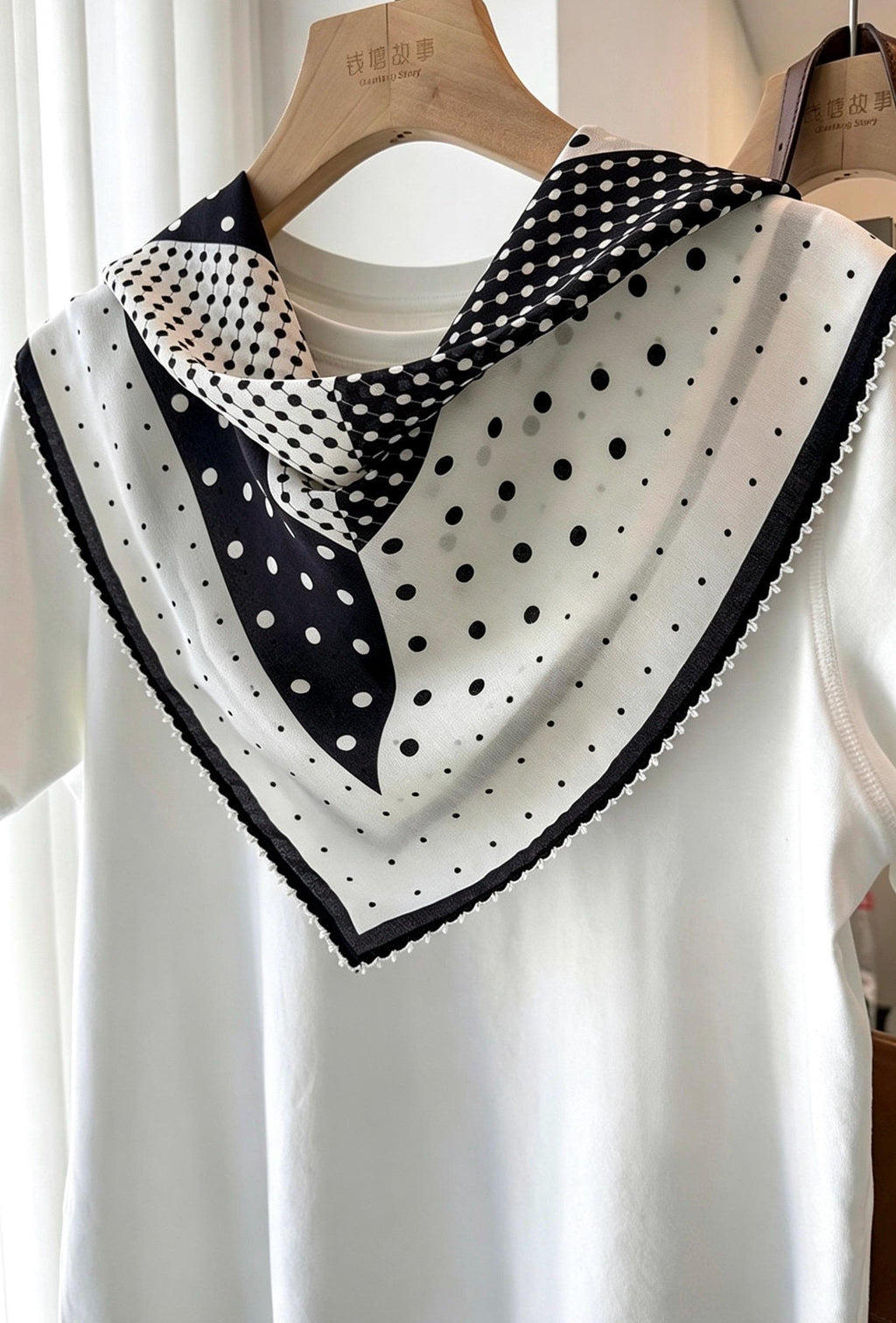 100% Silk Wool Scarf 26"x26" 65x65cm, Black White Polka Dot Silk Square Scarf, Minimalist Neck Head Scarf, French Elegance Bandana Gift