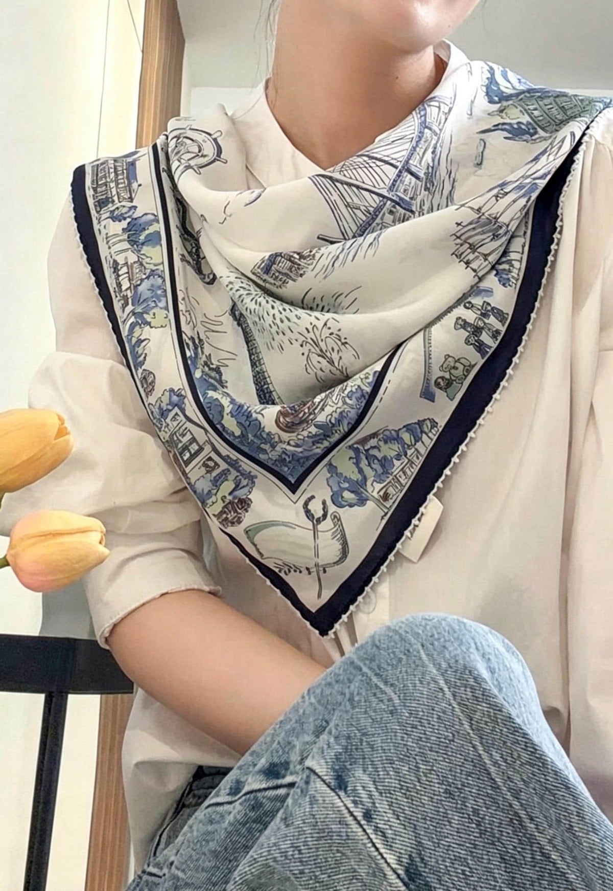 100% Silk Wool Scarf 26"x26" 65x65cm, Nautical Logbook Silk Square Scarf, Ocean Blue Contrast Border Neckerchief, Vintage Sailor Bandana