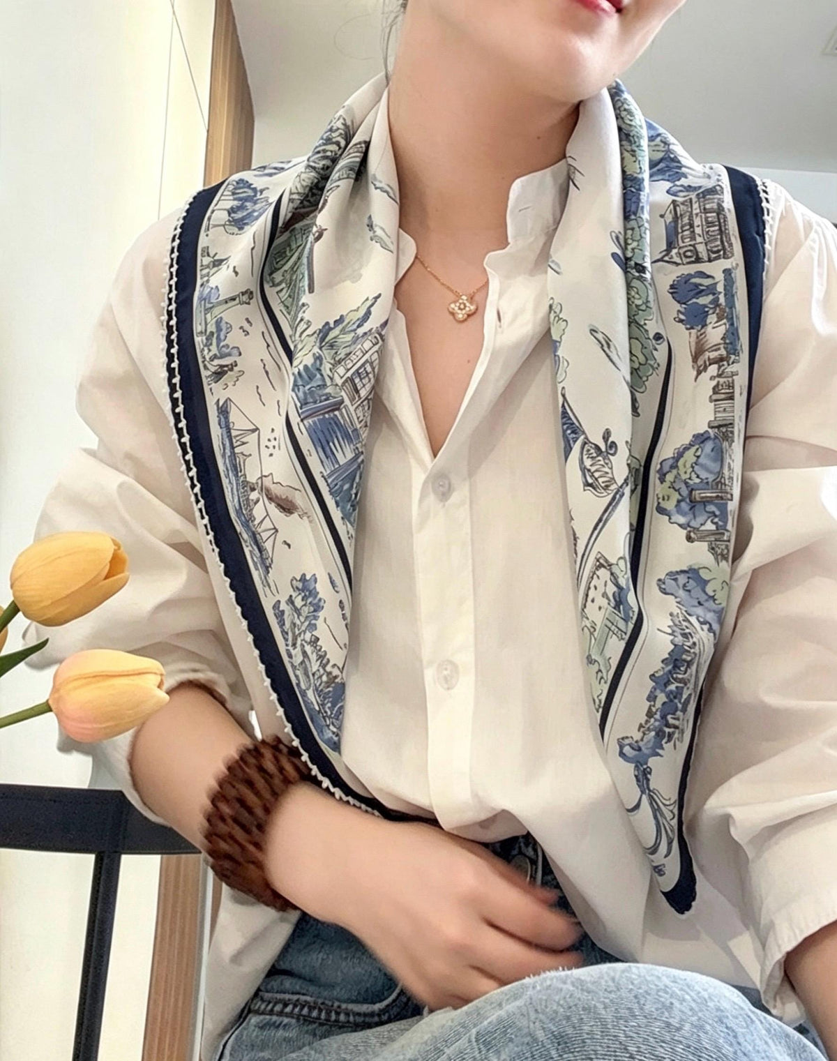 100% Silk Wool Scarf 26"x26" 65x65cm, Nautical Logbook Silk Square Scarf, Ocean Blue Contrast Border Neckerchief, Vintage Sailor Bandana