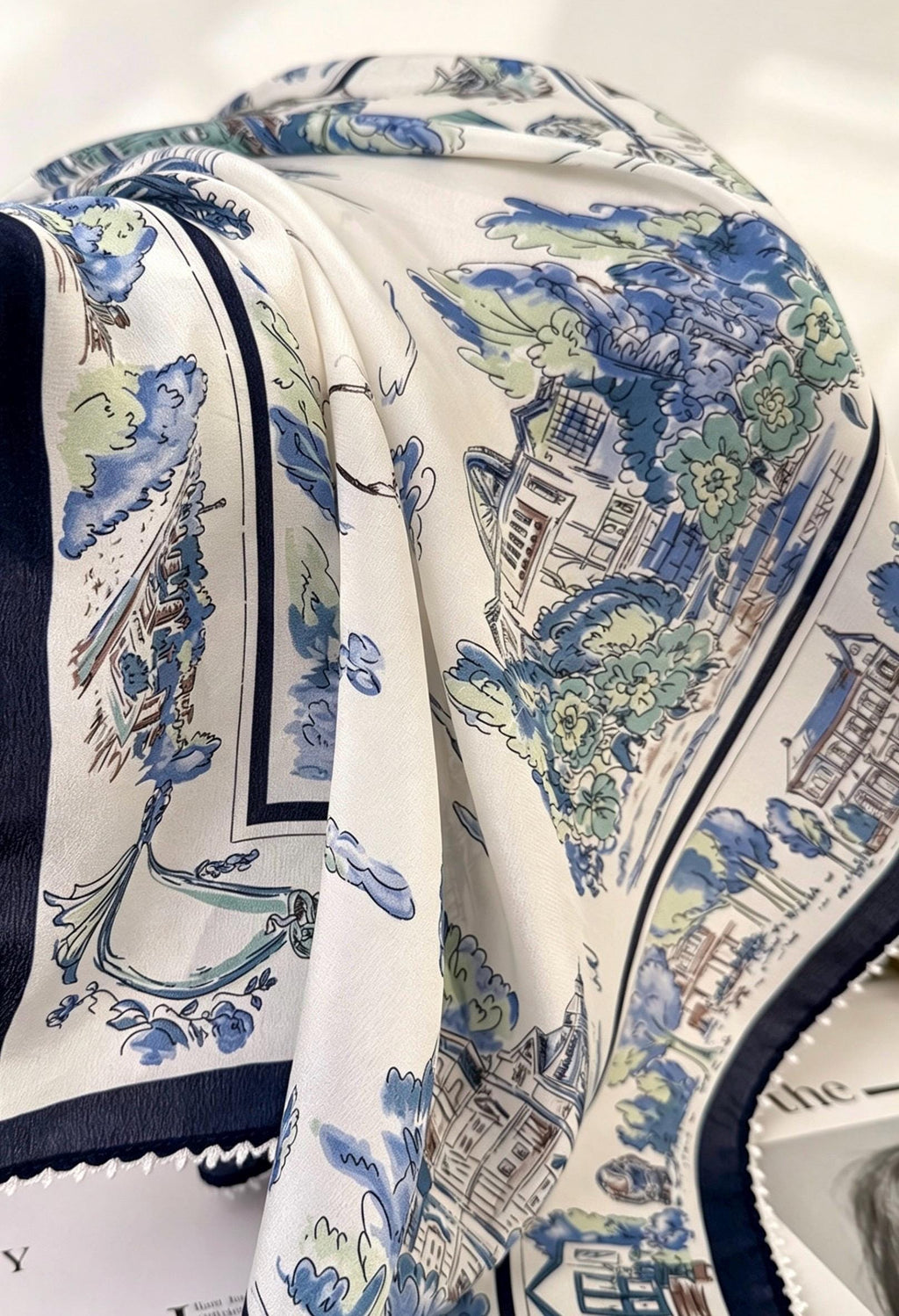 100% Silk Wool Scarf 26"x26" 65x65cm, Nautical Logbook Silk Square Scarf, Ocean Blue Contrast Border Neckerchief, Vintage Sailor Bandana