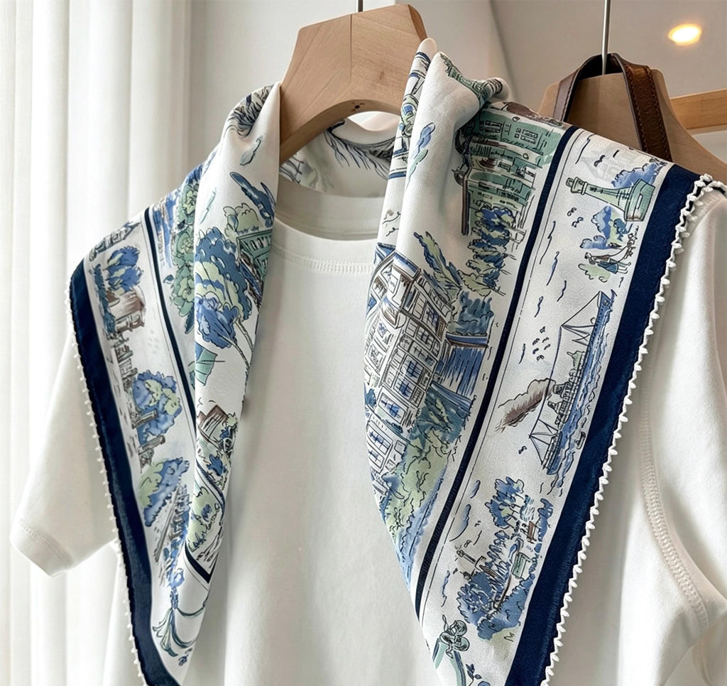 100% Silk Wool Scarf 26"x26" 65x65cm, Nautical Logbook Silk Square Scarf, Ocean Blue Contrast Border Neckerchief, Vintage Sailor Bandana