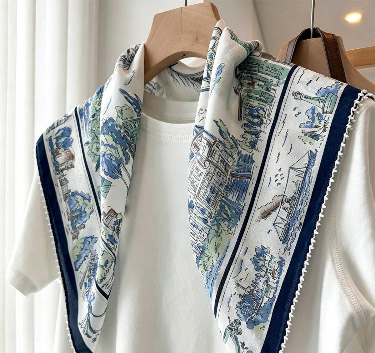 100% Silk Wool Scarf 26"x26" 65x65cm, Nautical Logbook Silk Square Scarf, Ocean Blue Contrast Border Neckerchief, Vintage Sailor Bandana