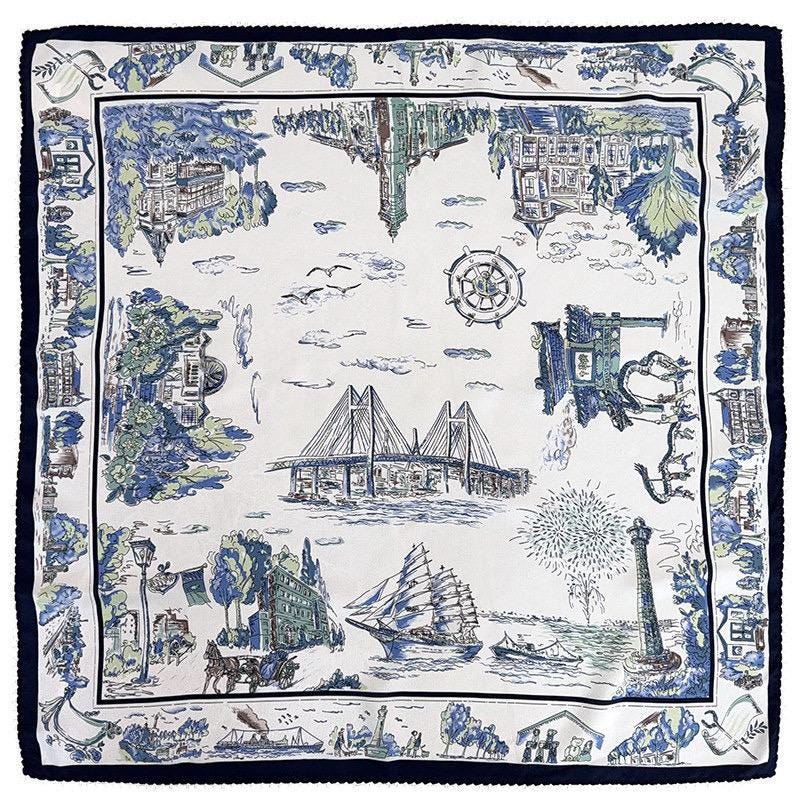 100% Silk Wool Scarf 26"x26" 65x65cm, Nautical Logbook Silk Square Scarf, Ocean Blue Contrast Border Neckerchief, Vintage Sailor Bandana