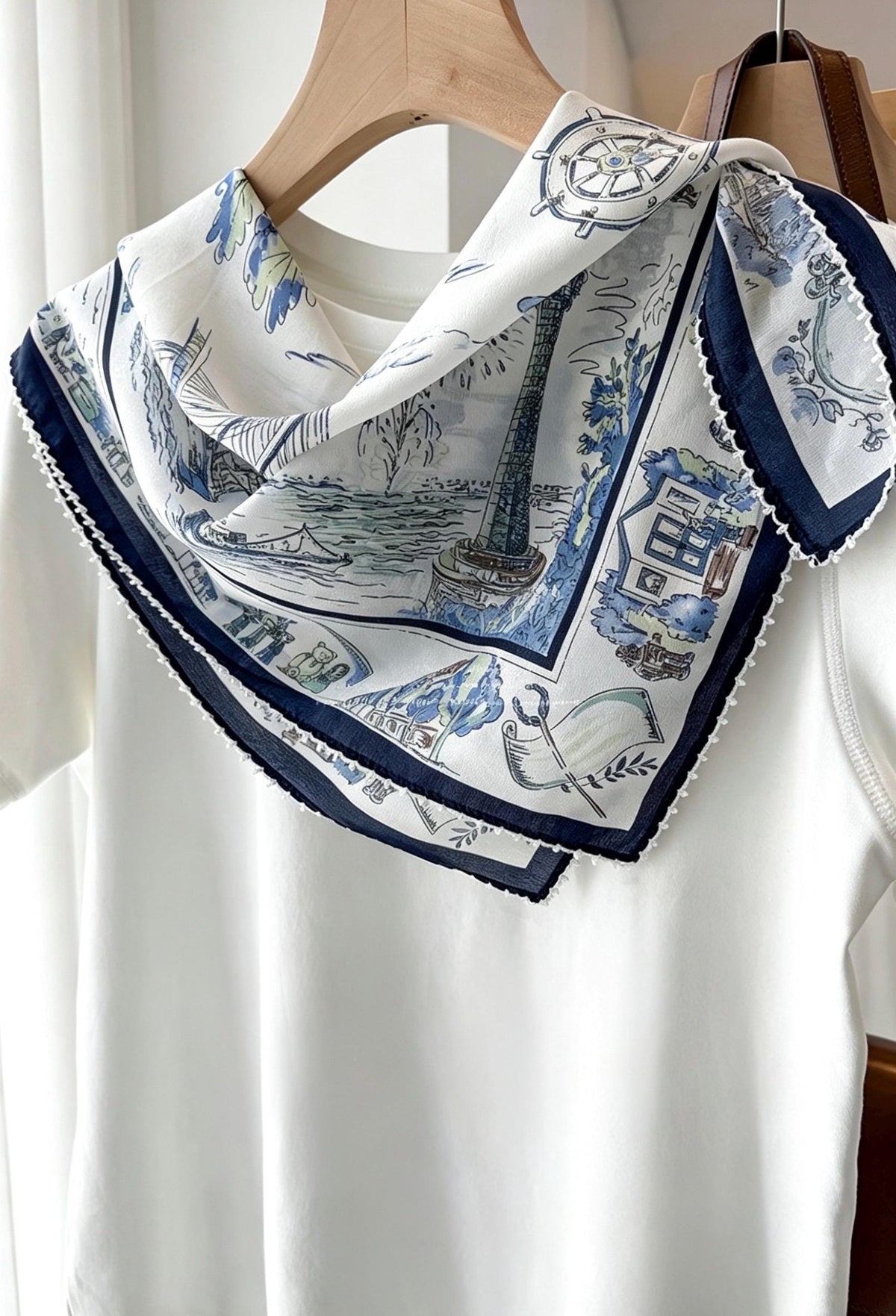 100% Silk Wool Scarf 26"x26" 65x65cm, Nautical Logbook Silk Square Scarf, Ocean Blue Contrast Border Neckerchief, Vintage Sailor Bandana