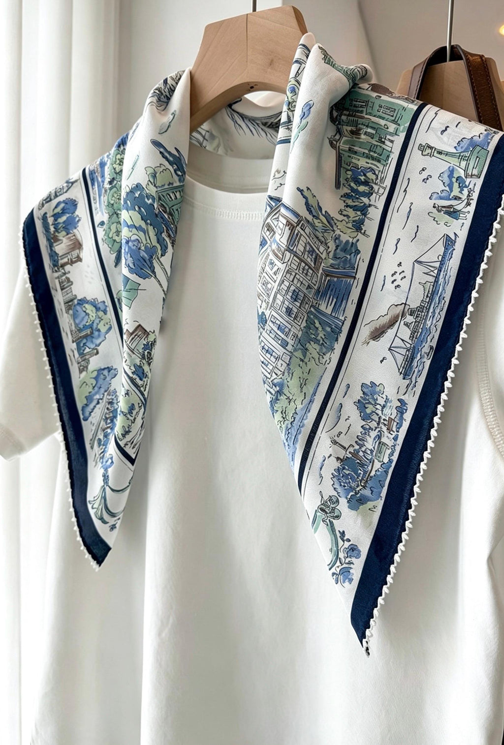 100% Silk Wool Scarf 26"x26" 65x65cm, Nautical Logbook Silk Square Scarf, Ocean Blue Contrast Border Neckerchief, Vintage Sailor Bandana