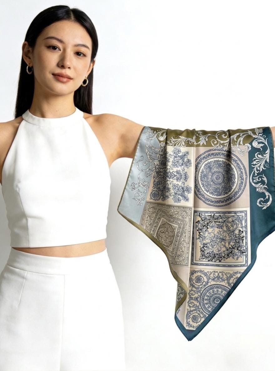 100% Mulberry Silk Scarf 42"x42" 108x108CM, Elegant Four-Grid Patchwork Square Scarf, Multifunctional Sun Protection Shawl, Gift for Her