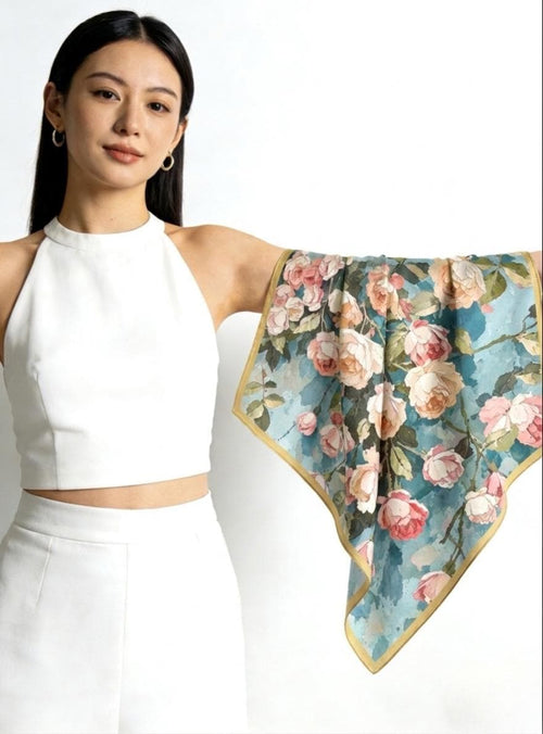 100% Mulberry Silk Scarf 26"x26" 65x65CM, Dreamy Rose Chapter Crêpe de Chine Square Scarf, Luxury Ice Blue Neck Head Scarf, Gift for Her