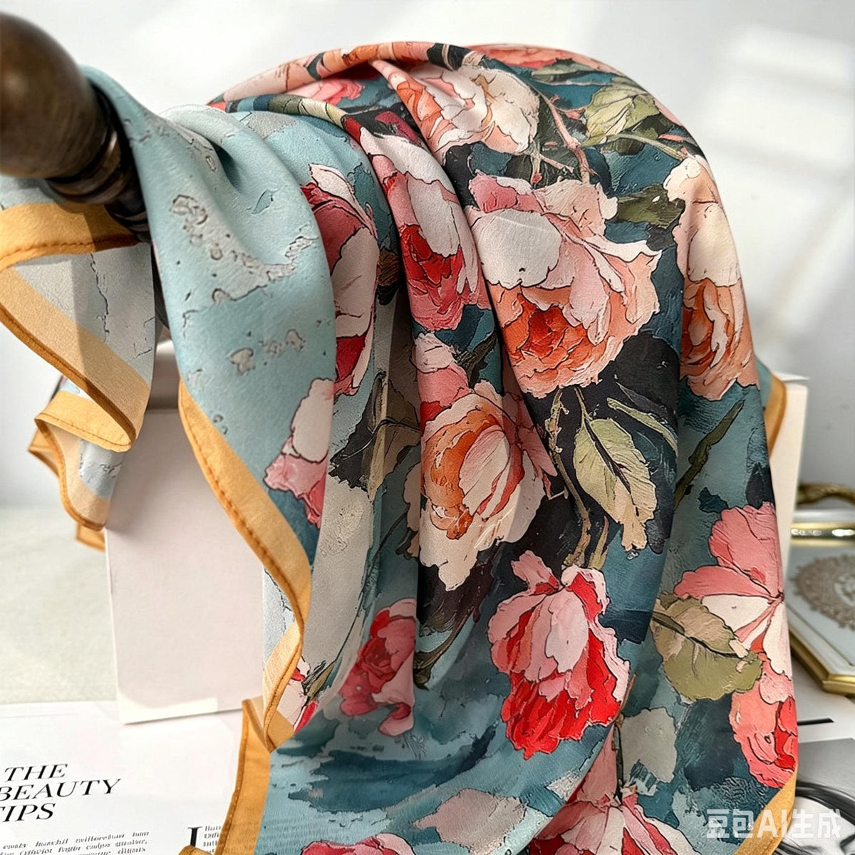 100% Mulberry Silk Scarf 26"x26" 65x65CM, Dreamy Rose Chapter Crêpe de Chine Square Scarf, Luxury Ice Blue Neck Head Scarf, Gift for Her