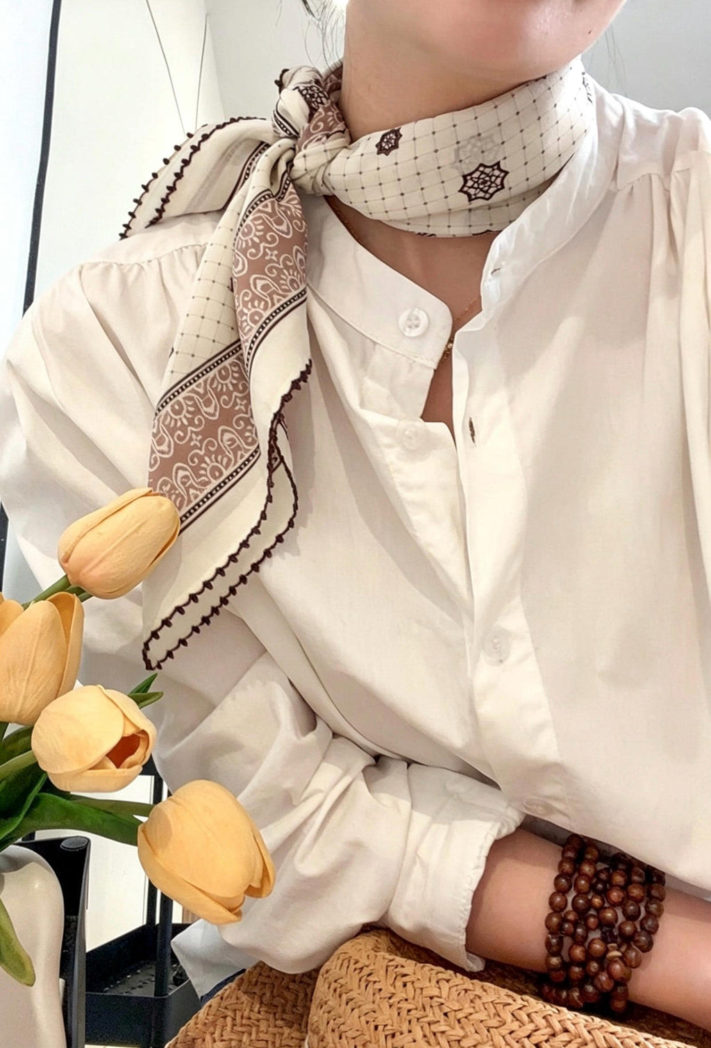 100% Silk Wool Scarf 26"x26" 65x65cm, Caramel Cream Silk Square Scarf, Vintage Mulberry Silk Crepe de Chine Neck Scarf, Gift for Her