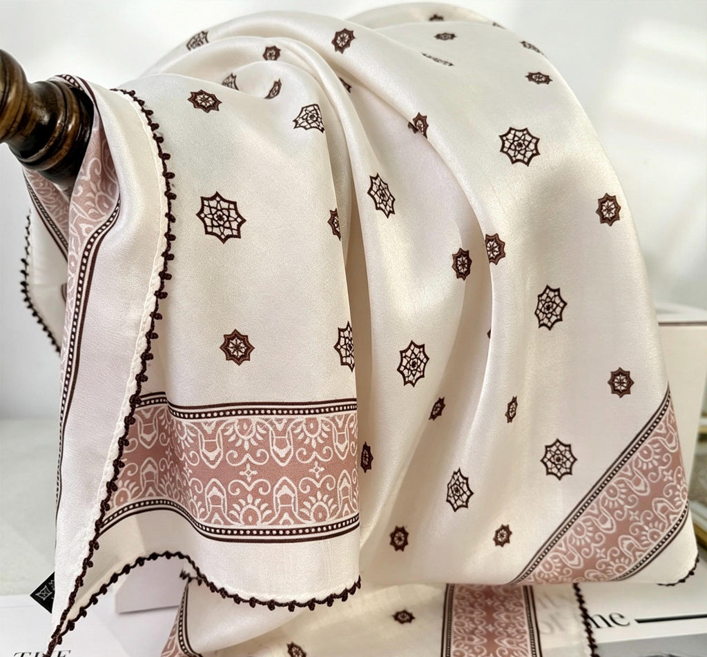 100% Silk Wool Scarf 26"x26" 65x65cm, Caramel Cream Silk Square Scarf, Vintage Mulberry Silk Crepe de Chine Neck Scarf, Gift for Her