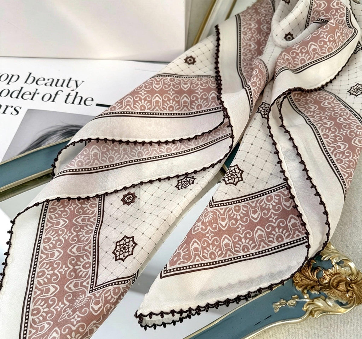 100% Silk Wool Scarf 26"x26" 65x65cm, Caramel Cream Silk Square Scarf, Vintage Mulberry Silk Crepe de Chine Neck Scarf, Gift for Her