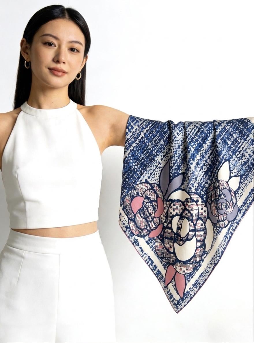 100% Mulberry Silk Scarf 35"x35" 88x88CM, Classic Camellia Twill Square Scarf, Luxury French Vintage Silk Shawl, Elegant Gift for Her