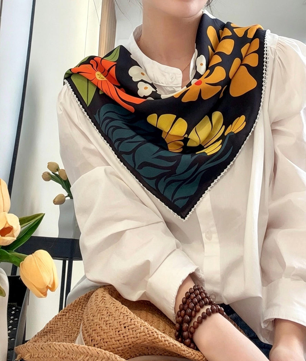 100% Mulberry Silk Scarf 26"x26" 65x65cm, Romantic Spring Color Block Square Scarf, Floral Silk Crepe de Chine Neck Scarf, Gift for Her