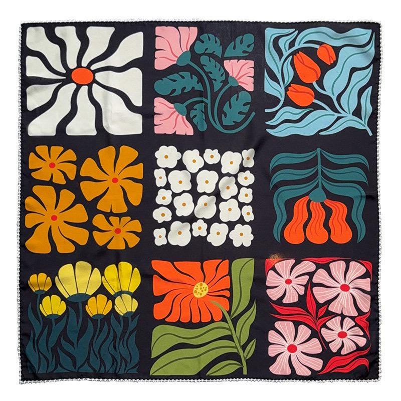 100% Mulberry Silk Scarf 26"x26" 65x65cm, Romantic Spring Color Block Square Scarf, Floral Silk Crepe de Chine Neck Scarf, Gift for Her