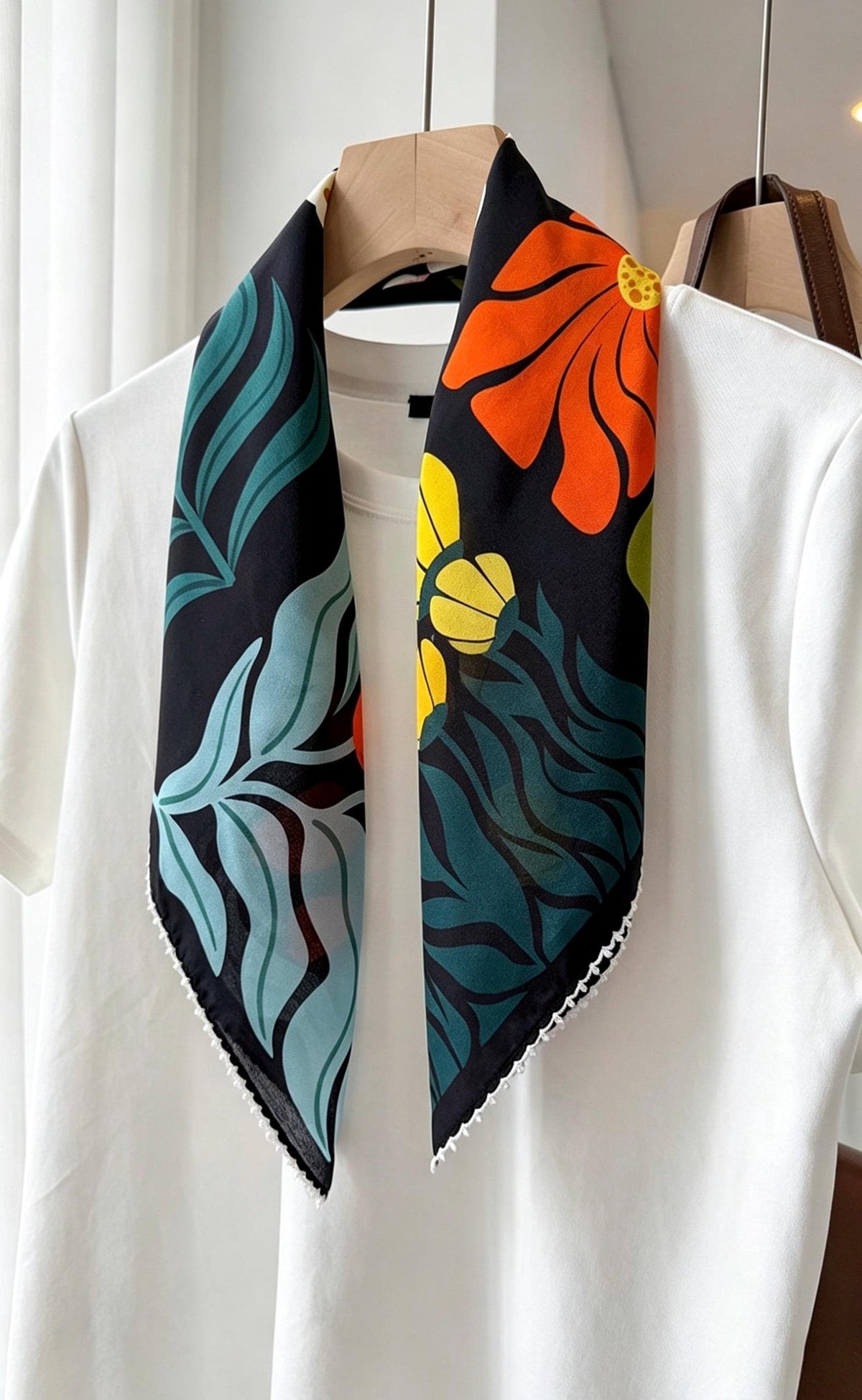 100% Mulberry Silk Scarf 26"x26" 65x65cm, Romantic Spring Color Block Square Scarf, Floral Silk Crepe de Chine Neck Scarf, Gift for Her