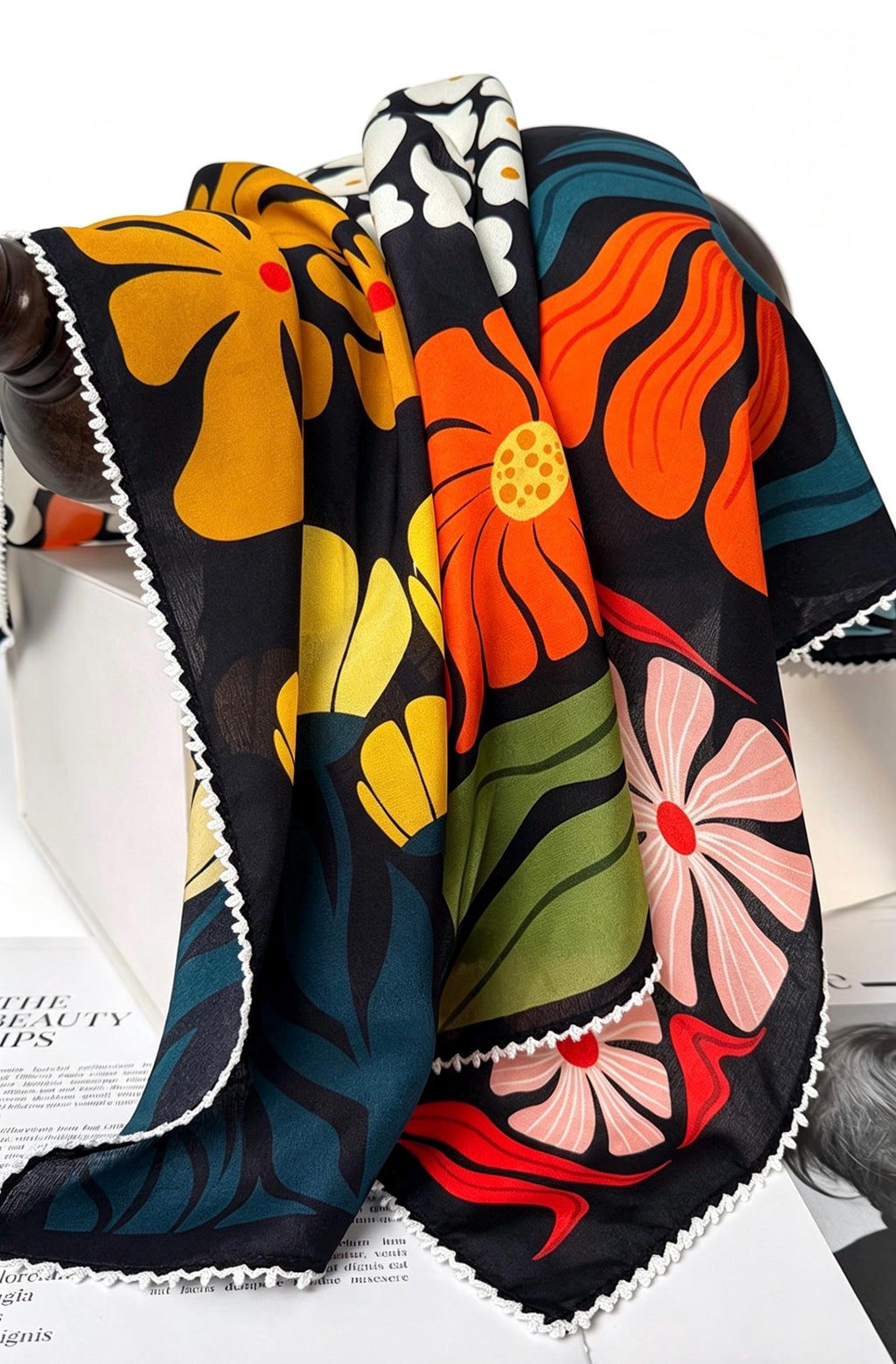 100% Mulberry Silk Scarf 26"x26" 65x65cm, Romantic Spring Color Block Square Scarf, Floral Silk Crepe de Chine Neck Scarf, Gift for Her