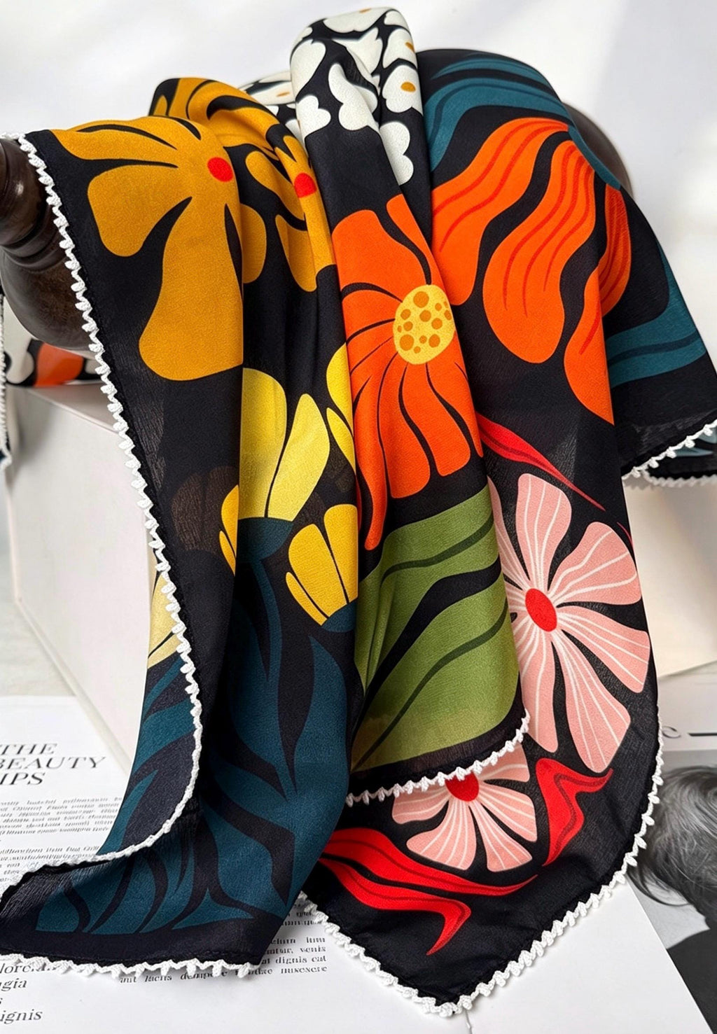 100% Mulberry Silk Scarf 26"x26" 65x65cm, Romantic Spring Color Block Square Scarf, Floral Silk Crepe de Chine Neck Scarf, Gift for Her