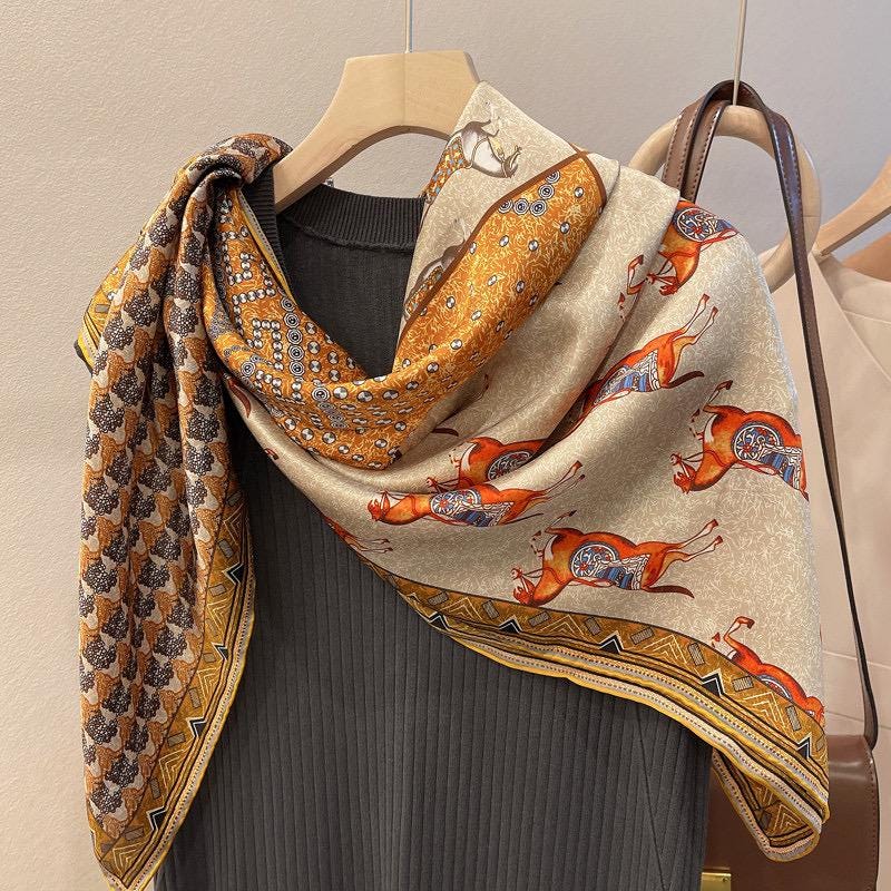 100% Mulberry Silk Scarf 43"x43" 110x110CM, Large Square Scarf Women, Satin Silk Shawl Wrap, Horse Print Silk Scarf, Premium Neck Scarf