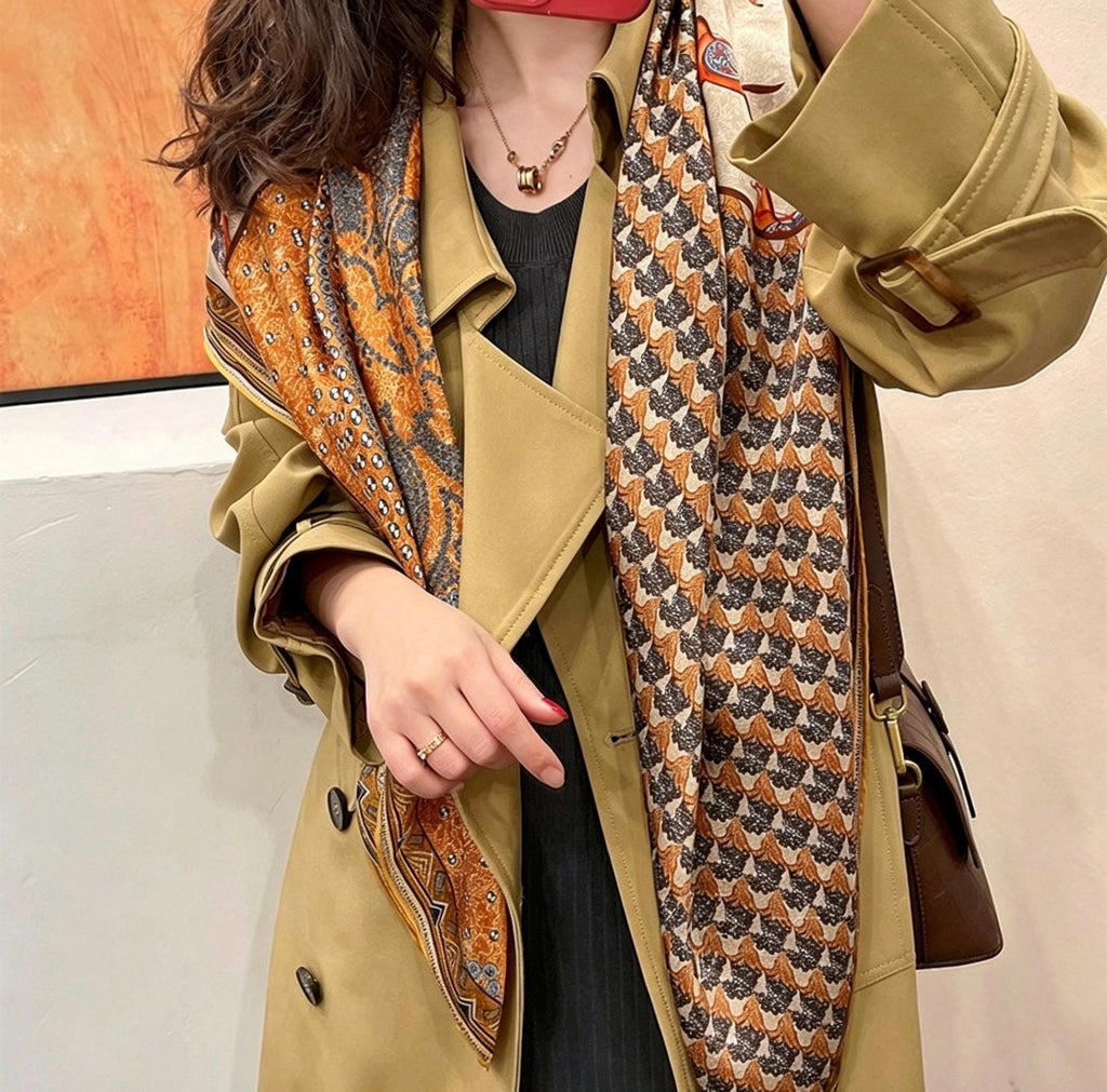 100% Mulberry Silk Scarf 43"x43" 110x110CM, Large Square Scarf Women, Satin Silk Shawl Wrap, Horse Print Silk Scarf, Premium Neck Scarf