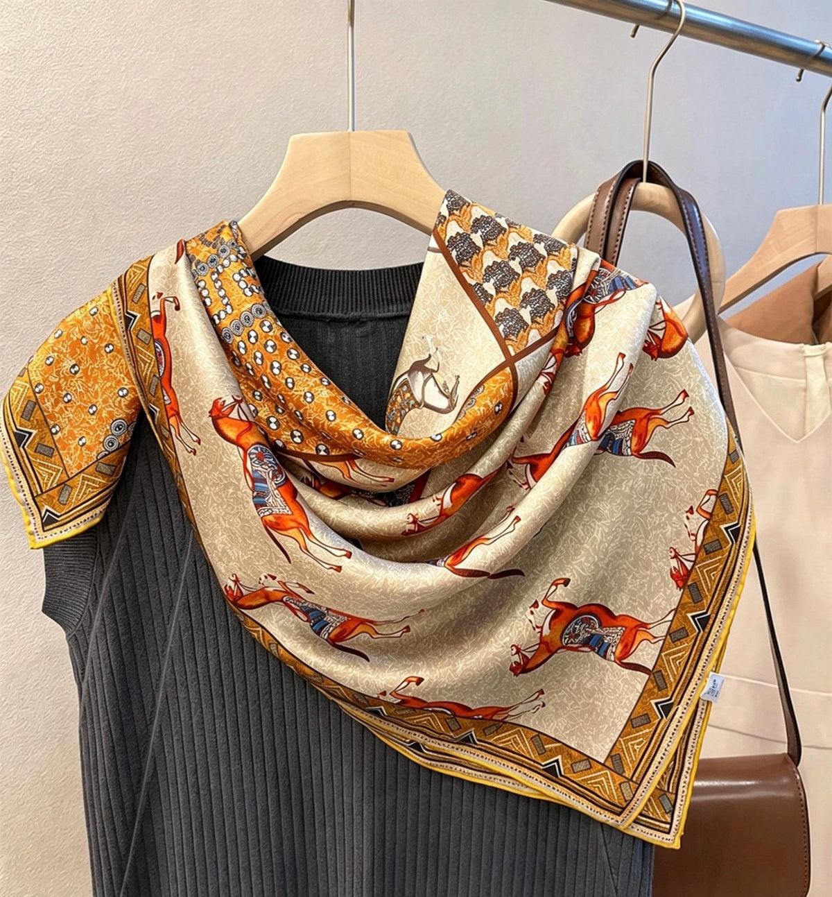 100% Mulberry Silk Scarf 43"x43" 110x110CM, Large Square Scarf Women, Satin Silk Shawl Wrap, Horse Print Silk Scarf, Premium Neck Scarf