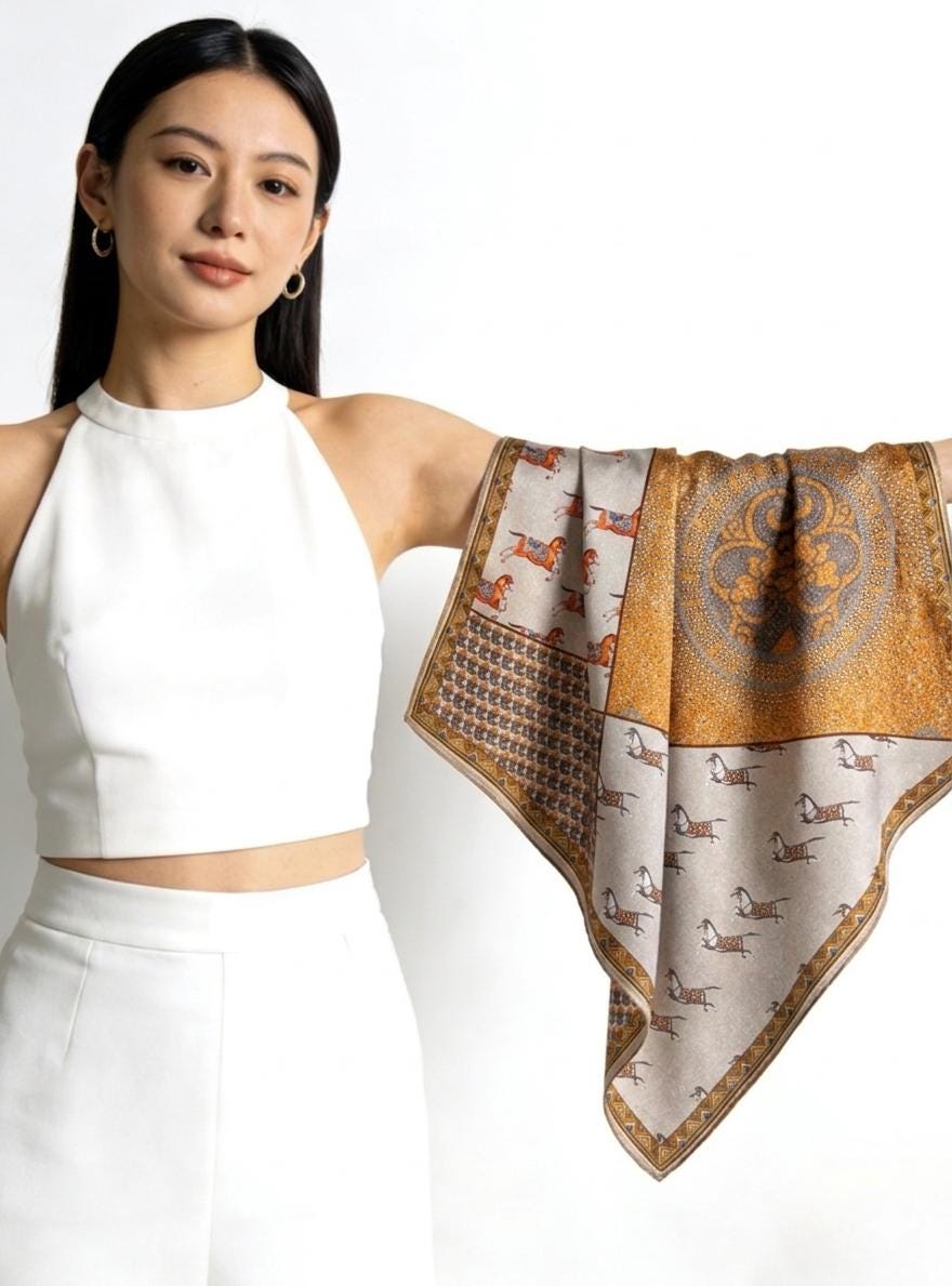 100% Mulberry Silk Scarf 43"x43" 110x110CM, Large Square Scarf Women, Satin Silk Shawl Wrap, Horse Print Silk Scarf, Premium Neck Scarf