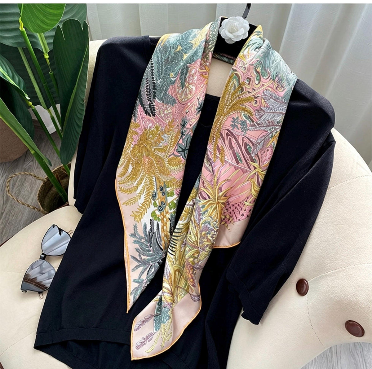 100% Mulberry Silk Scarf 35"x35" 90x90CM, Milk Tea Beige Twill Square Scarf, Soft Silk Shawl Wrap, All-Season Versatile Neck Scarf, Gift