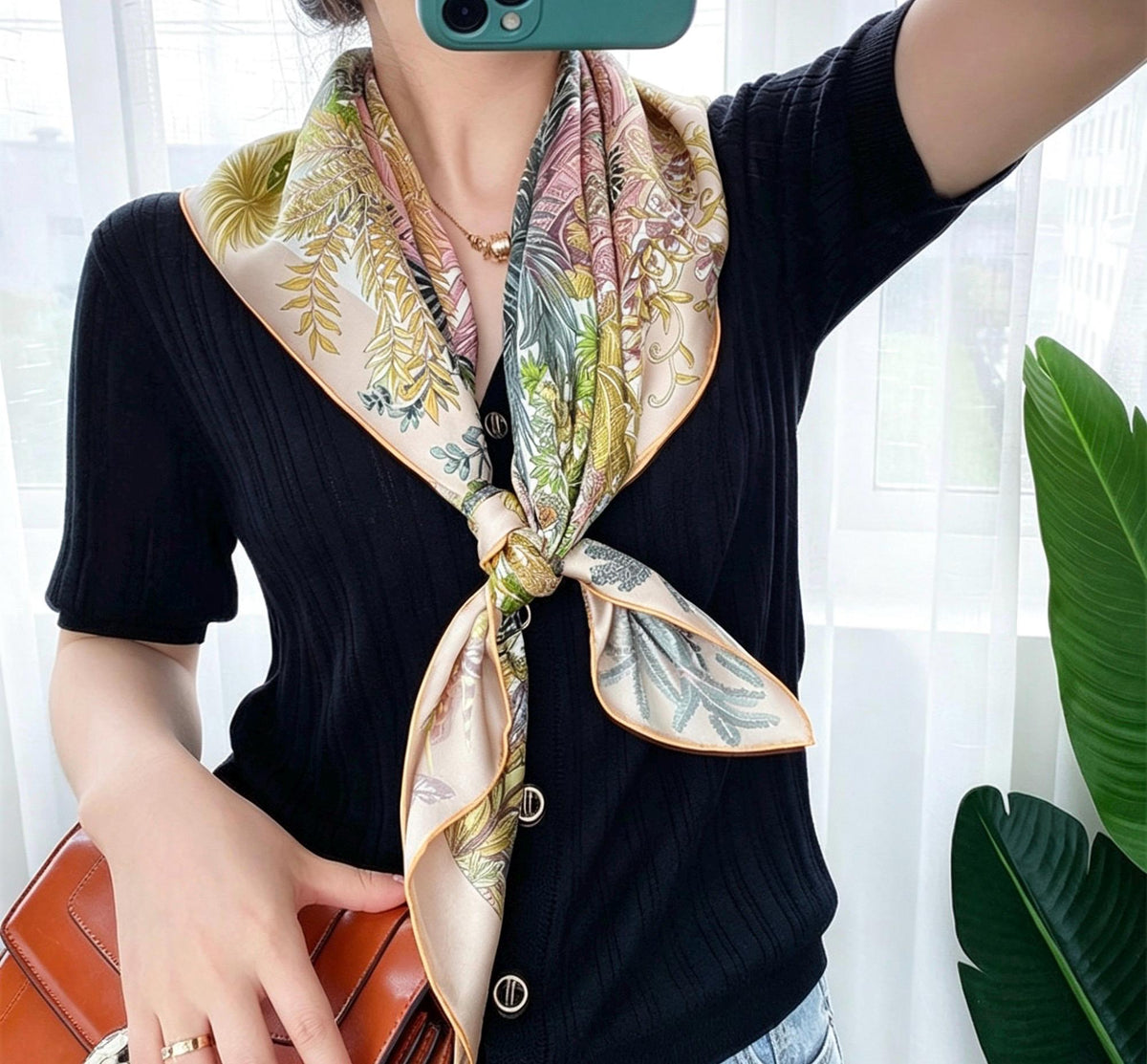 100% Mulberry Silk Scarf 35"x35" 90x90CM, Milk Tea Beige Twill Square Scarf, Soft Silk Shawl Wrap, All-Season Versatile Neck Scarf, Gift