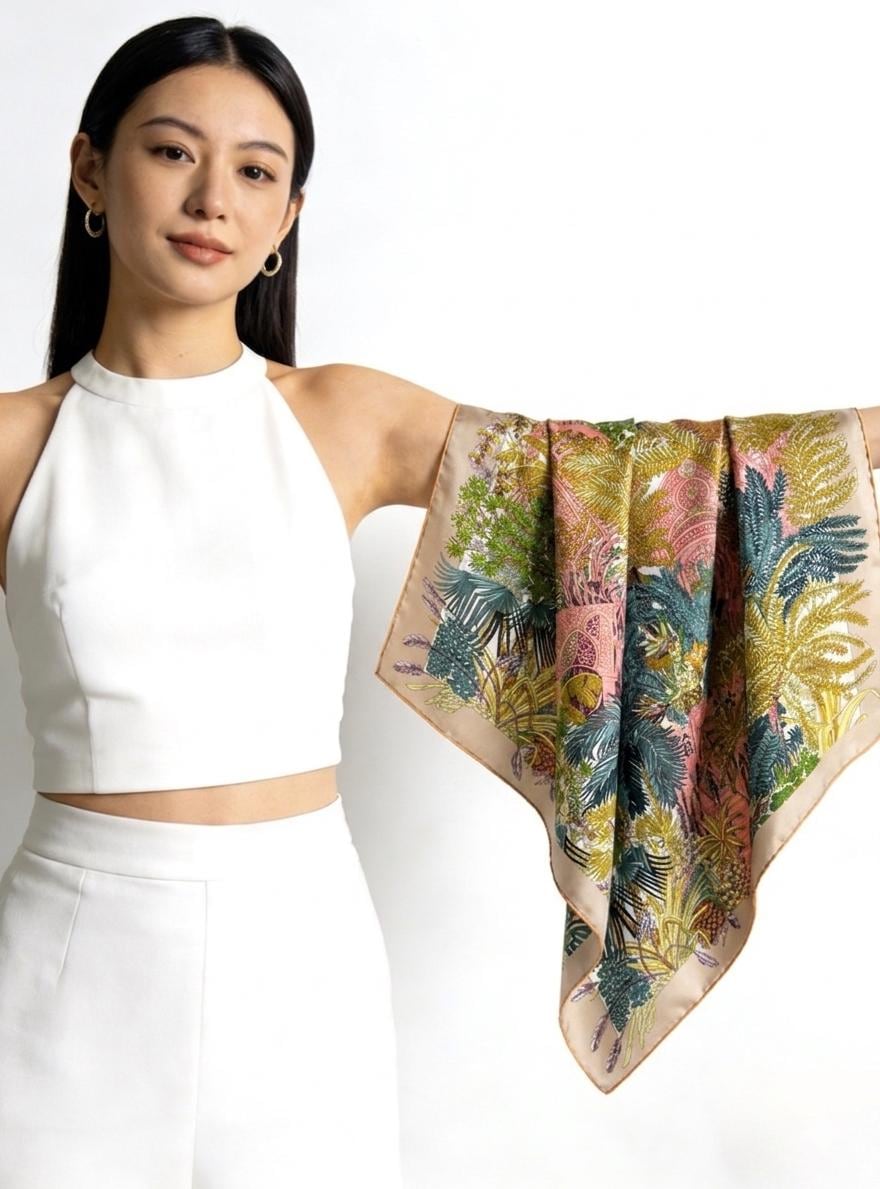 100% Mulberry Silk Scarf 35"x35" 90x90CM, Milk Tea Beige Twill Square Scarf, Soft Silk Shawl Wrap, All-Season Versatile Neck Scarf, Gift
