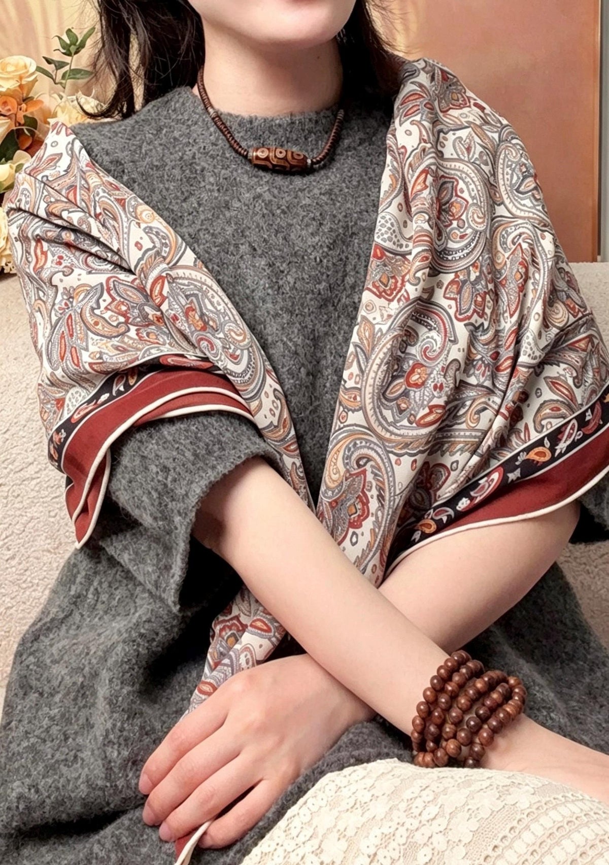 100% Mulberry Silk Scarf 41"x41" 105x105cm, Burgundy Wine Red Large Square Georgette Shawl Wrap, Elegant Quiet Luxury Gift for Her
