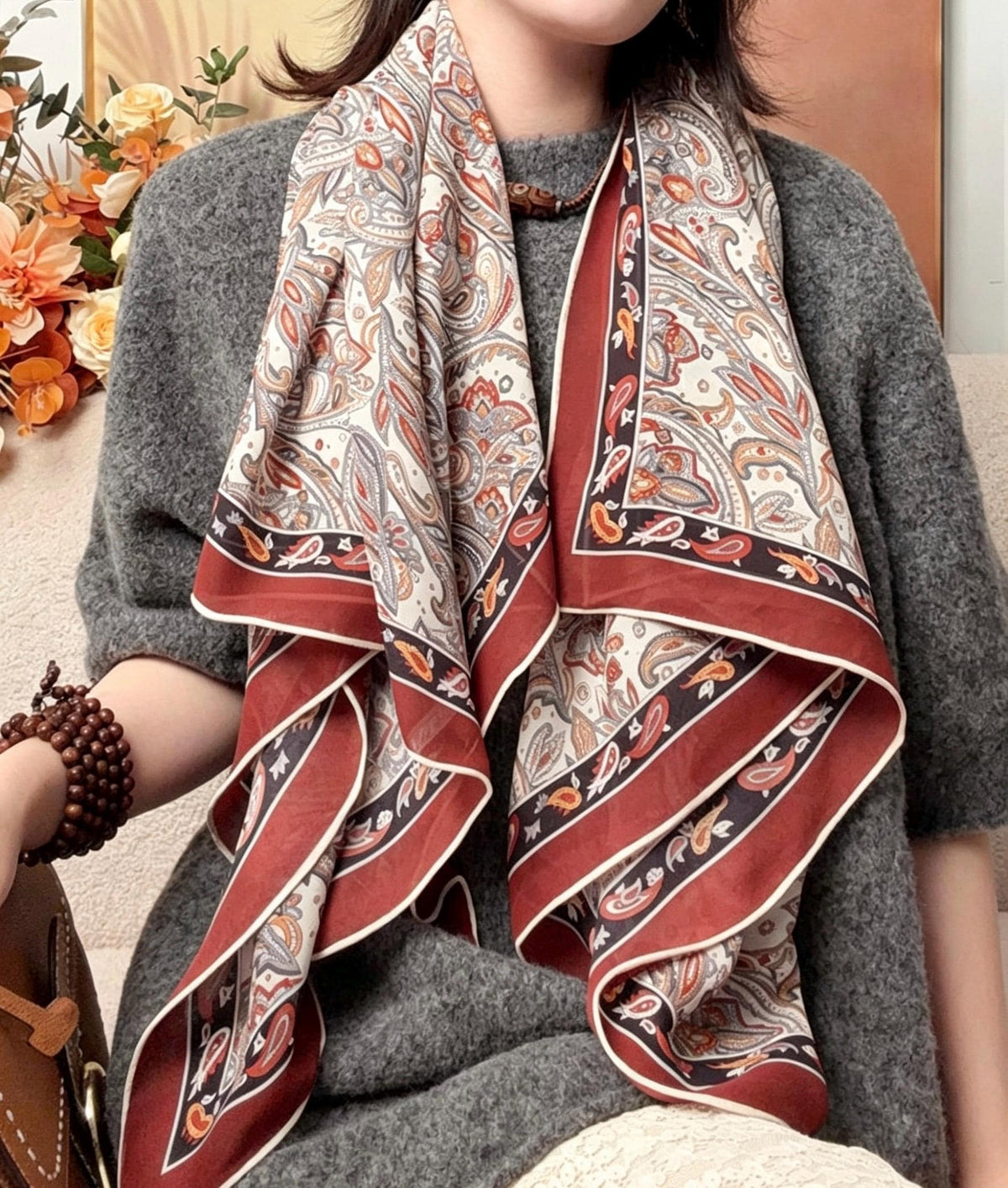 100% Mulberry Silk Scarf 41"x41" 105x105cm, Burgundy Wine Red Large Square Georgette Shawl Wrap, Elegant Quiet Luxury Gift for Her