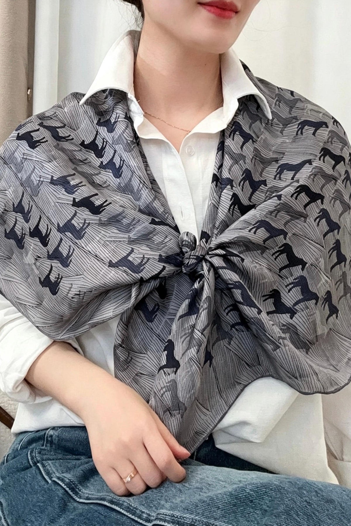 100% Mulberry Silk Scarf 42"x42" 108x108CM, Luxury Silk Sheer Scarf for Women, Equestrian Horse Print, Summer Sun Protection Shawl Wrap