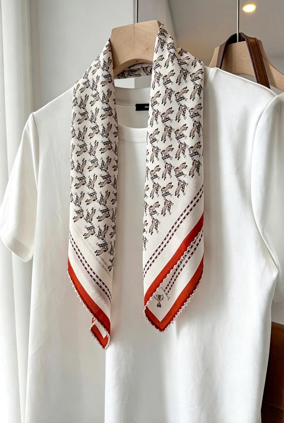 100% Mulberry Silk Scarf 26"x26" 65x65CM, French Romantic Lace Trim Neck Scarf for Women, Cute Horse Print Silk Bandana, Vintage Hair Scarf