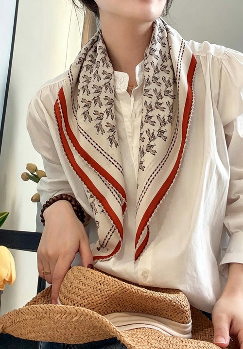 100% Mulberry Silk Scarf 26"x26" 65x65CM, French Romantic Lace Trim Neck Scarf for Women, Cute Horse Print Silk Bandana, Vintage Hair Scarf