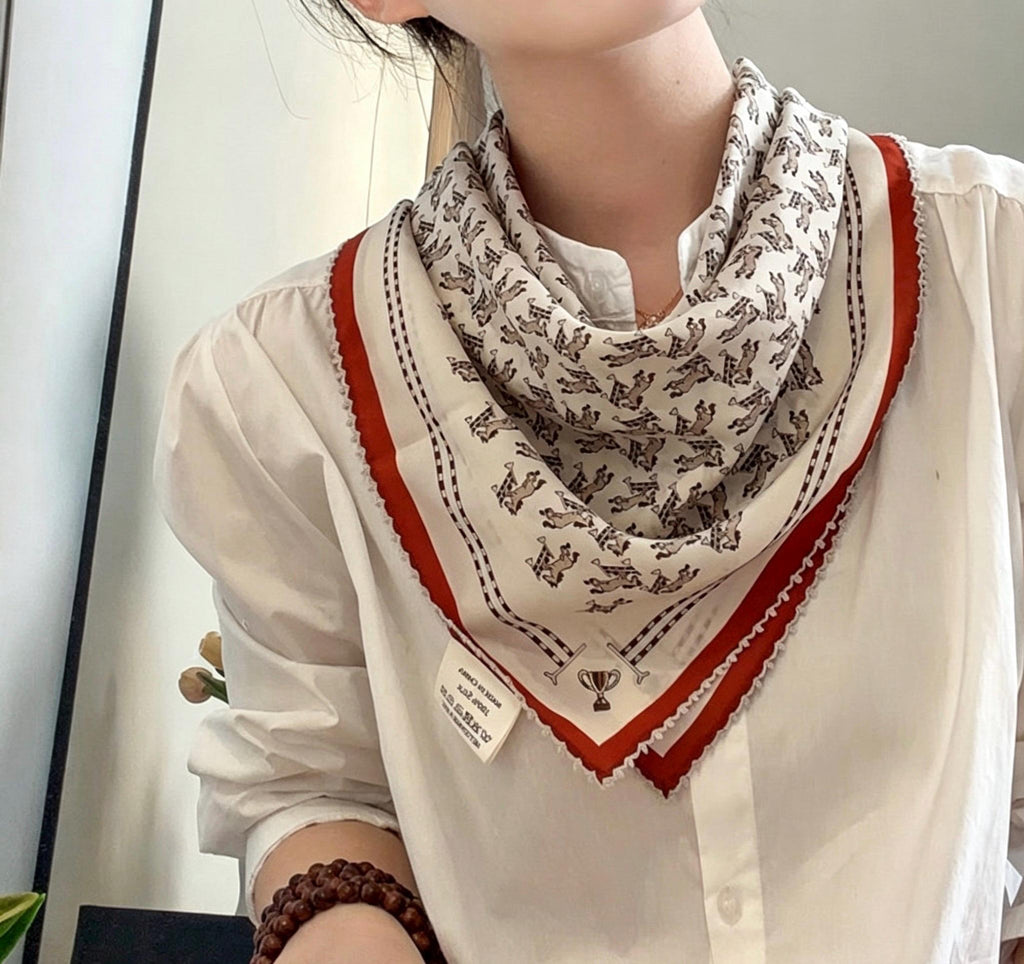 100% Mulberry Silk Scarf 26"x26" 65x65CM, French Romantic Lace Trim Neck Scarf for Women, Cute Horse Print Silk Bandana, Vintage Hair Scarf