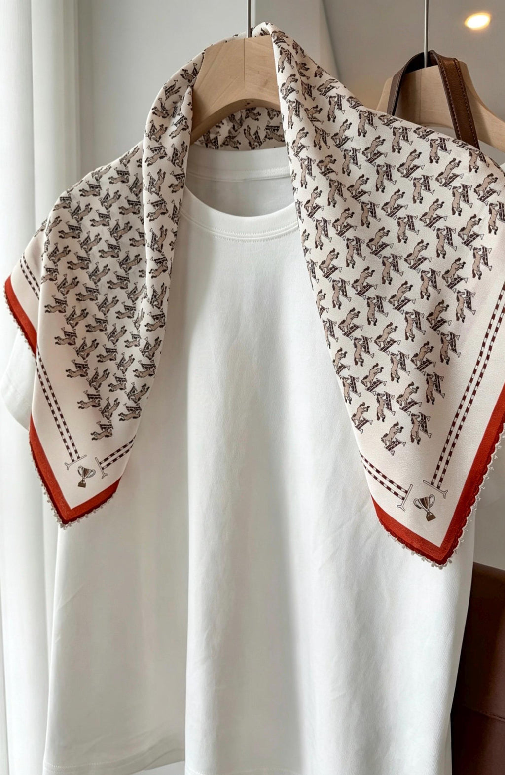 100% Mulberry Silk Scarf 26"x26" 65x65CM, French Romantic Lace Trim Neck Scarf for Women, Cute Horse Print Silk Bandana, Vintage Hair Scarf