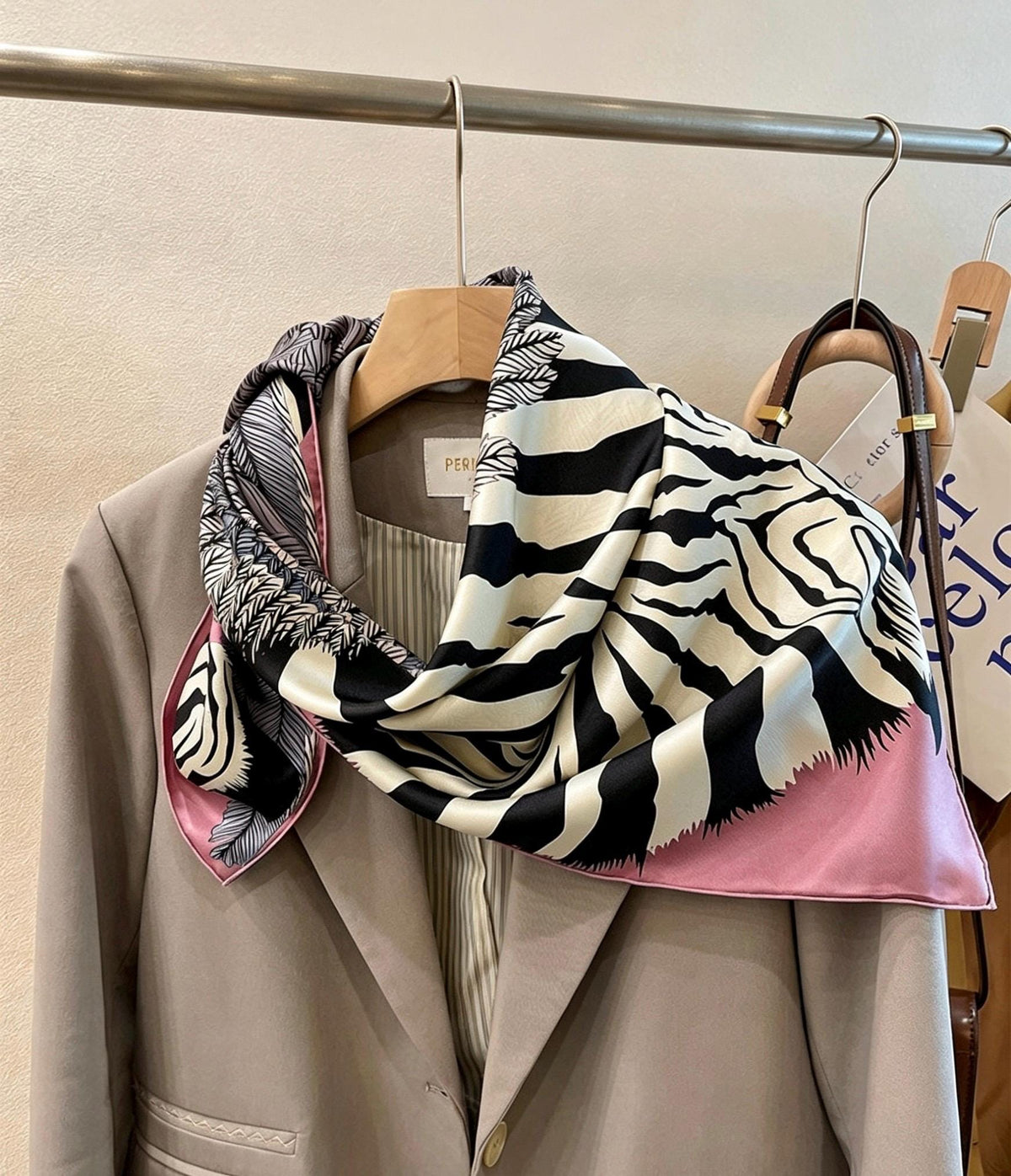 100% Mulberry Silk Scarf 35"x35" 90x90cm, Quiet Luxury Pink Zebra Silk Twill Square Scarf, Old Money Aesthetic Chic Bandana Shawl Gift