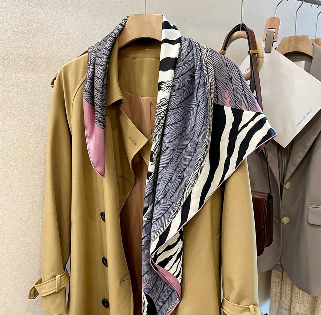 100% Mulberry Silk Scarf 35"x35" 90x90cm, Quiet Luxury Pink Zebra Silk Twill Square Scarf, Old Money Aesthetic Chic Bandana Shawl Gift
