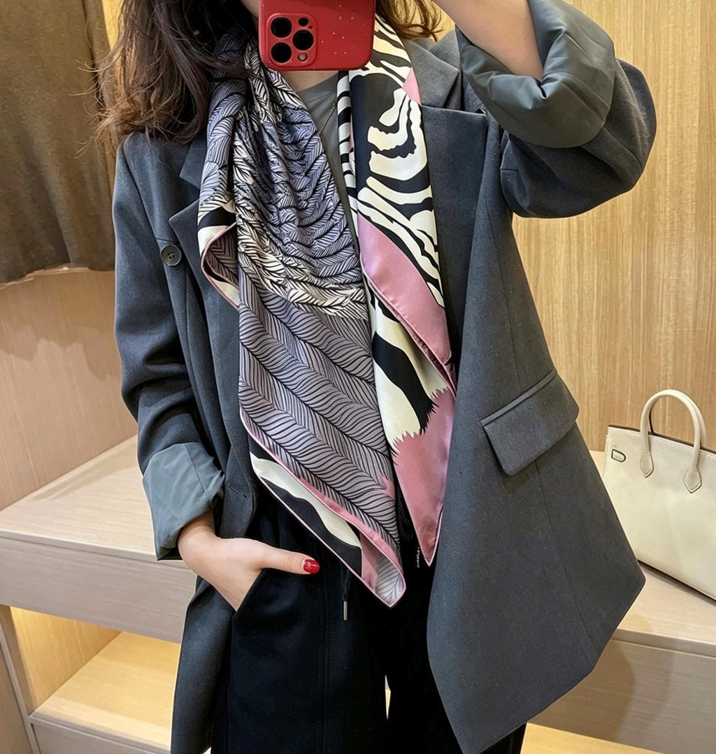 100% Mulberry Silk Scarf 35"x35" 90x90cm, Quiet Luxury Pink Zebra Silk Twill Square Scarf, Old Money Aesthetic Chic Bandana Shawl Gift