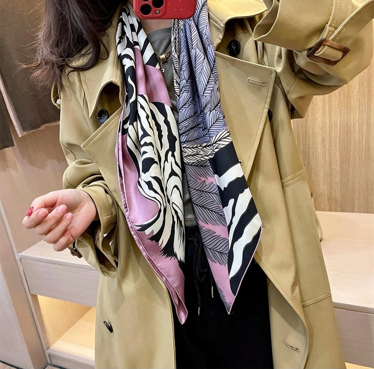 100% Mulberry Silk Scarf 35"x35" 90x90cm, Quiet Luxury Pink Zebra Silk Twill Square Scarf, Old Money Aesthetic Chic Bandana Shawl Gift